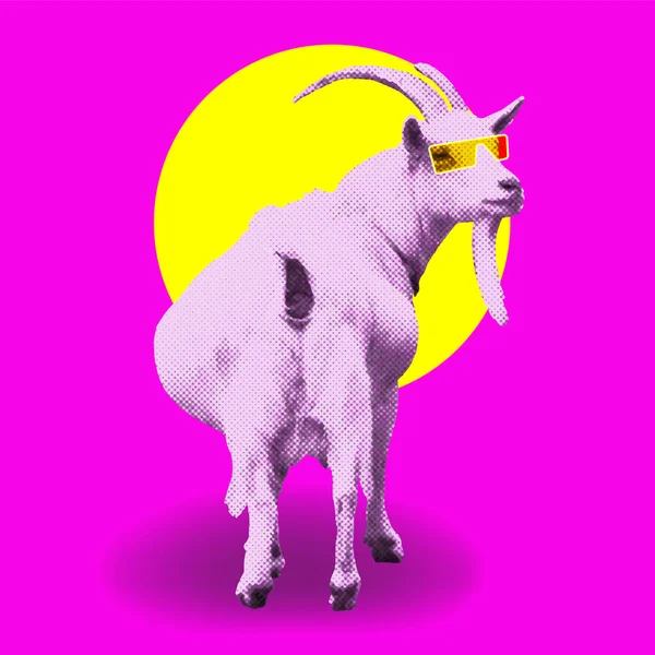 Весела коза з жовтими окулярами яскравий плакат колаж — стоковий вектор