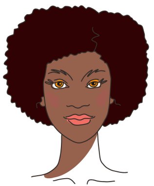 Kıvırcık saçlı soyut kadın portresi. Çizgi çizimi yüz estetiği