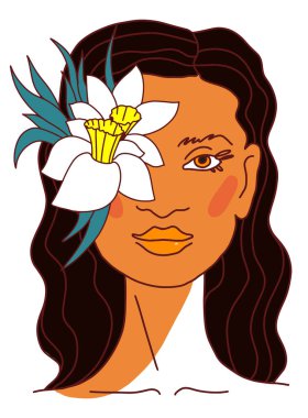 Uzun dalgalı siyah saçlı, çiçeklerle şekillendirilmiş modern güzel kız. Satır biçimi Vektör illüstrasyonu