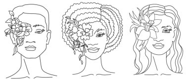 Farklı milletlerden ve kültürlerden üç kadın bir arada sanat eseri. Vektör karalama çizimi