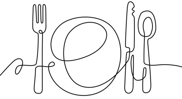 Ručně kreslený talíř, lžíce, vidlička a nůž Nepřetržitá kresba jednou čarou — Stockový vektor