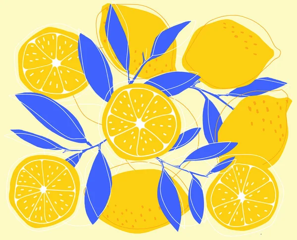 Ilustrasi gambar tangan dengan corat-coret lemon dan irisan - Stok Vektor