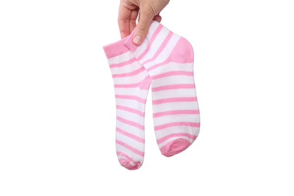 Рука Тримає Два Пару Рожевих Білих Смугастих Бавовняних Органічних Шкарпеток — стокове фото