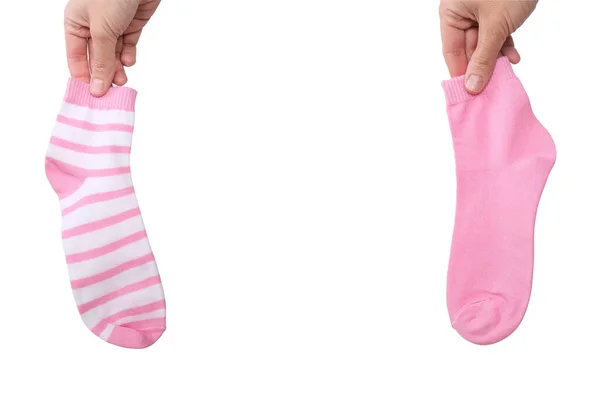 Hand Holding Two Socks Pink White Striped Monochrome Isolated White — Stock Photo, Image