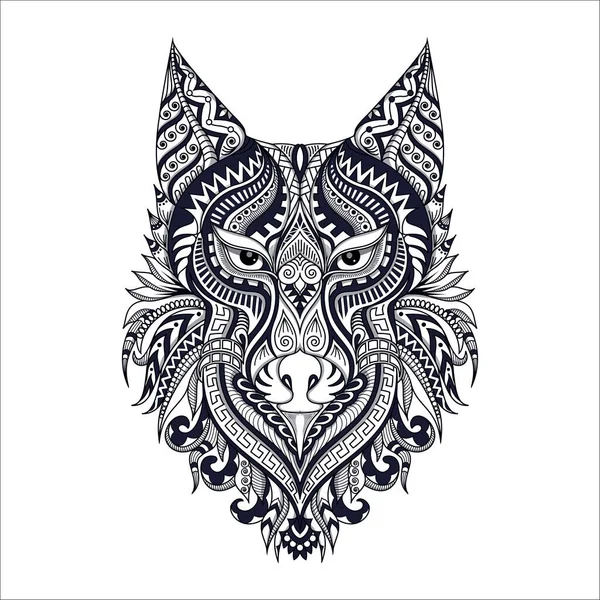 Zwart Wit Gestileerde Wolf Etnische Vector — Stockvector