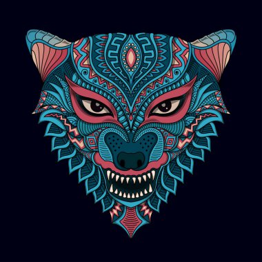 Etnik vektör karanlık arka planda stilize kurt