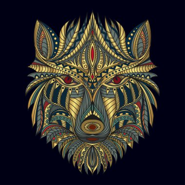 Etnik vektör altın arka planda stilize kurt