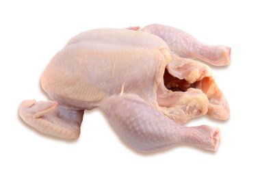 Taze çiğ tavuk veya ızgara tavuk. Beyaz bir arka planda izole edilmiş. Kesme yolu.