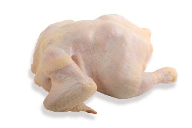 Taze çiğ tavuk veya ızgara tavuk. Beyaz bir arka planda izole edilmiş. Kesme yolu.