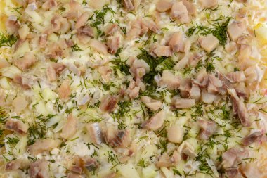 Kürk mantonun altında ringa salatası. Yemek arkaplanı. Seçmeli odak noktası. Üst görünüm..