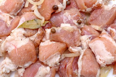 Salamurada çiğ şiş kebap, biber, soğan, defne yaprağı. Domuz kebabı, pişirmeye hazır. Seçici odak.