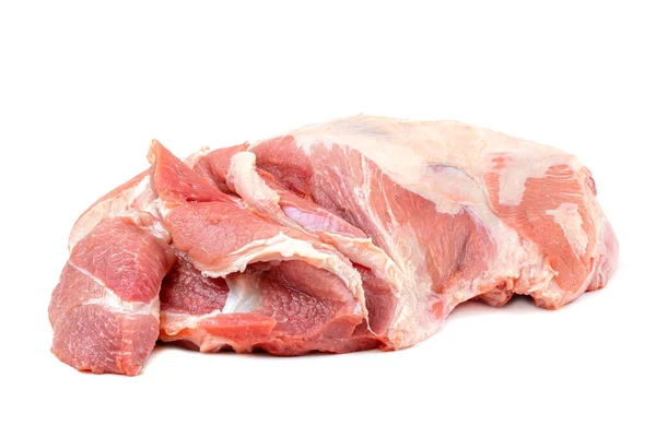 Raw meat close-up. a piece of raw pork shoulder in close-up. Pork tenderloin on a white isolated background. — Stock Photo, Image