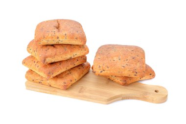 Keten tohumlu yulaf ezmesi beyaz bir arkaplanda izole edilir. Odaklan. Yatay görünüm.