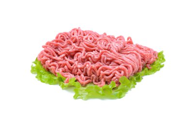 Fresh pork and beef minced meat, garnished with garlic, red pepper and dill.Isolated on a white background.horizontal view clipart