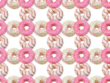 Kusursuz desenli. Parlak renkli serpiştirilmiş donutlar, beyaz arka planda izole edilmiş.