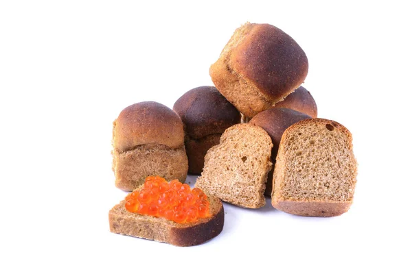 Rye Bread Buns Whole Sliced Red Caviar Isolated White Background — Photo