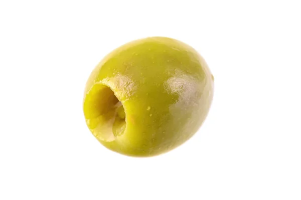 Een Groene Olijf Geïsoleerd Een Witte Achtergrond Selectieve Focus — Stockfoto