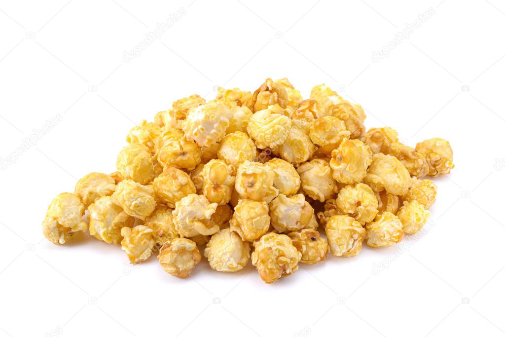 A pile of delicious caramel popcorn isolated on a white background