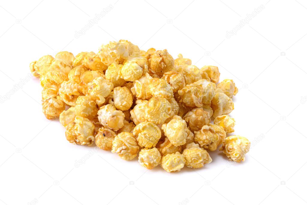 A pile of delicious caramel popcorn isolated on a white background