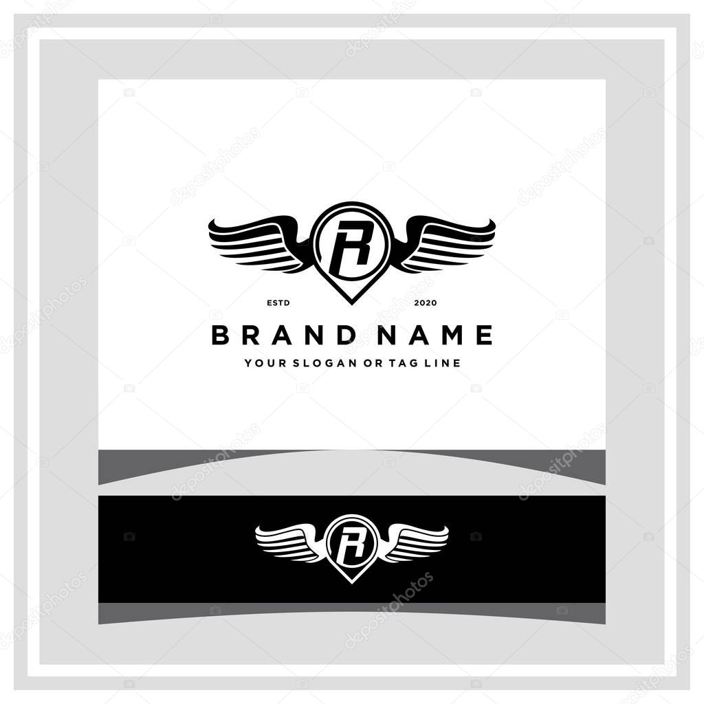 Letter R pin map wing logo design concept vector template