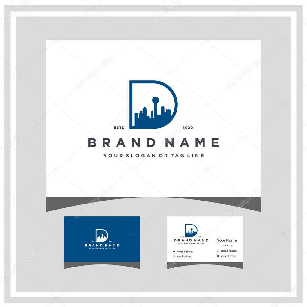 Letter D dallas city skyline logo design and business card vector template
