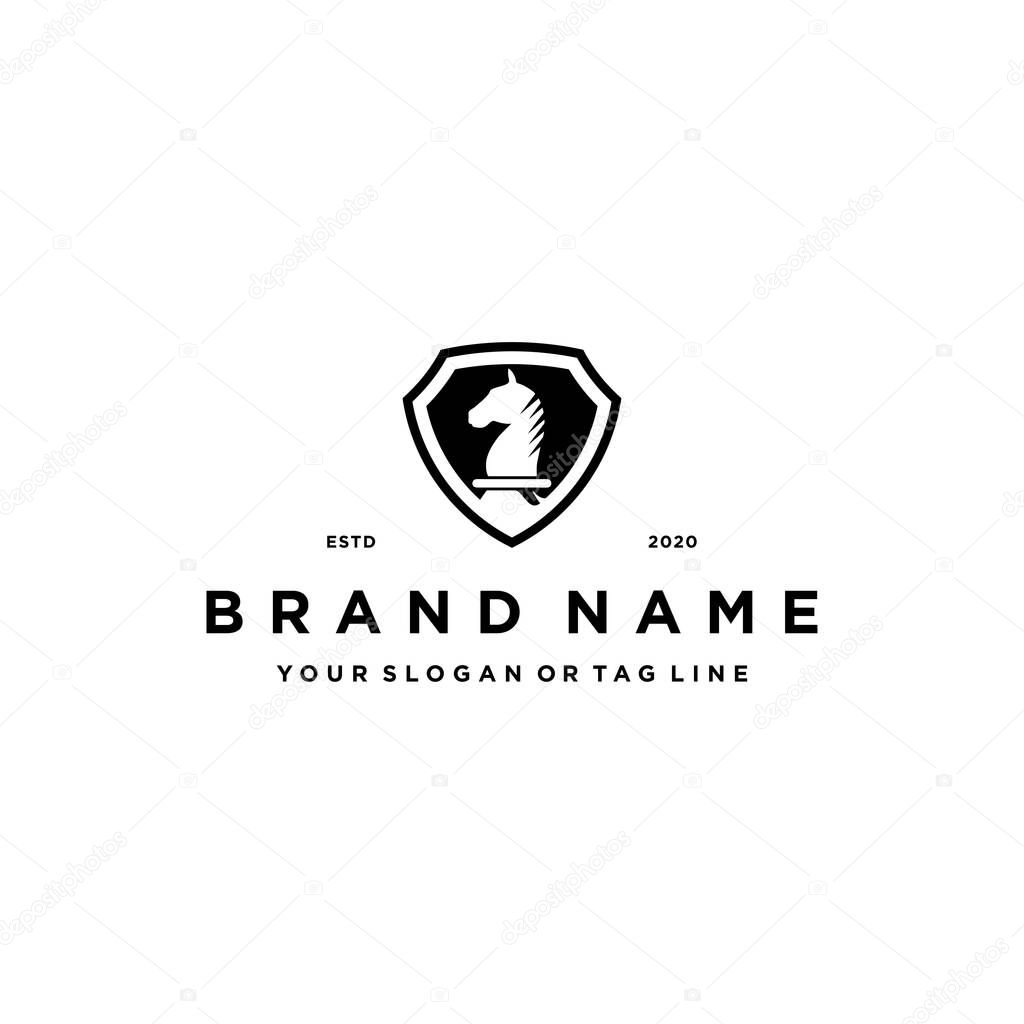 Chess horse and shield logo design concept vector template