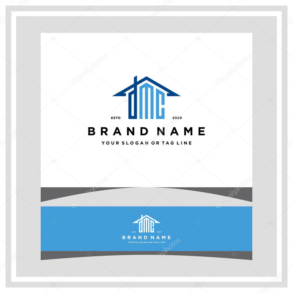 Letter DMC home roof logo design and business card vector template