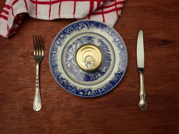 Diferentes Tipos Latas Com Alimentos Preparados Para Consumo Legumes Peixe — Fotografia de Stock