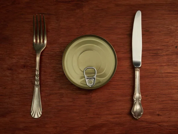 Diferentes Tipos Latas Com Alimentos Preparados Para Consumo Legumes Peixe — Fotografia de Stock