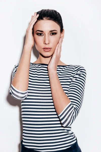 Woman in stylish striped shirt — Stock Photo, Image