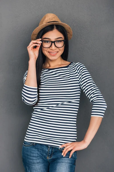 Stylish Asian woman in hat and glasses — Stock Photo, Image