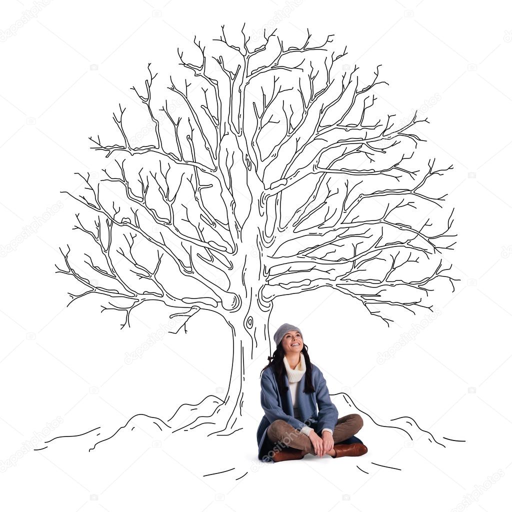 Beautiful Woman Sitting Under Sketch Of Tree Stock Photo