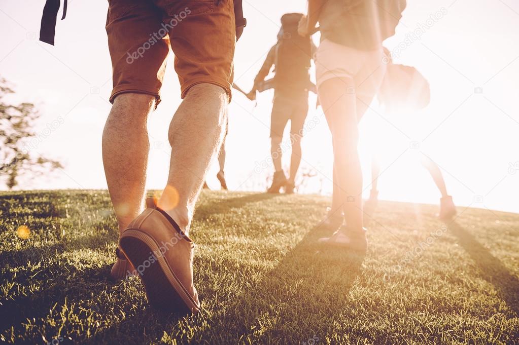 people with backpacks moving by green grass 