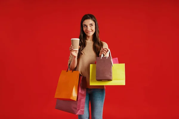 Beautiful young woman in casual clothing carrying shopping bags and smiling — Stock fotografie