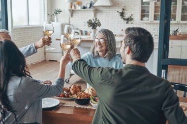 Mutlu çoklu kuşak aile kadeh kaldırıyor ve birlikte yemek yerken gülümsüyor.