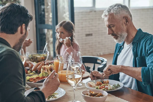 Famiglia felice multi-generazione che comunica e sorride cenando insieme — Foto Stock