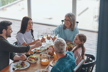 Mutlu çok nesilli aile yemeği yerken kadeh kaldırır ve gülümserler.