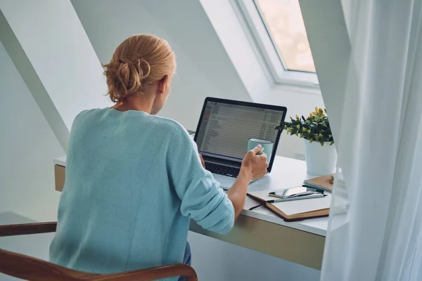 Hátsó nézet fiatal nő használja laptop munka közben otthon — Stock Fotó