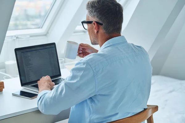 Vue arrière d'un homme mature confiant travaillant sur un ordinateur portable assis au bureau — Photo