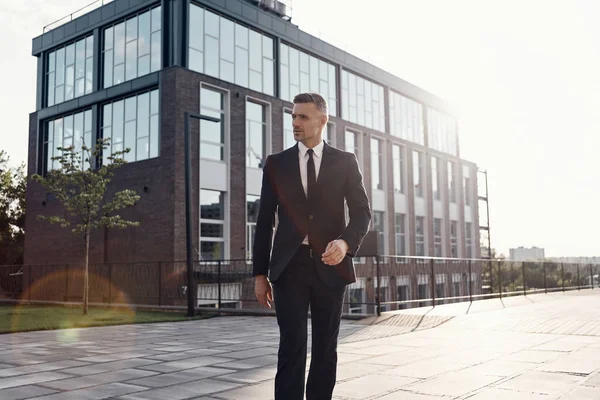 Důvěryhodný zralý podnikatel kráčí v blízkosti kancelářské budovy venku — Stock fotografie