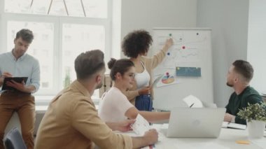 Bir grup kendine güvenen genç toplantı sırasında iş konuşuyorlar. 