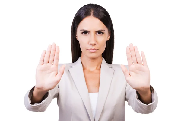 Businesswoman in suit stretching out hands Stock Picture