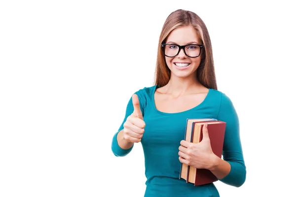 Estudiante mostrando pulgar hacia arriba — Foto de Stock