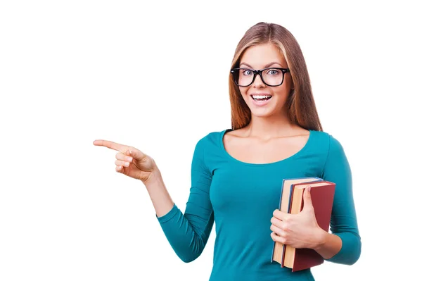 Student woman  pointing away — Stock Photo, Image