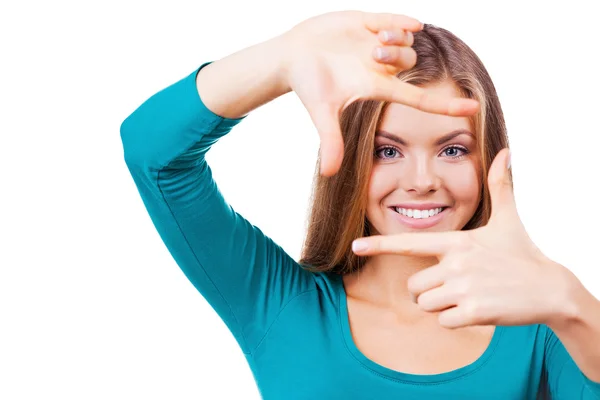 Mujer señalando marco de dedo —  Fotos de Stock