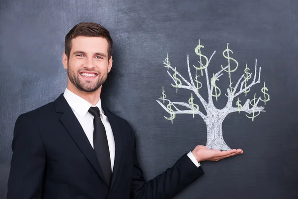 Man with chalk drawing money tree — Stock Photo, Image