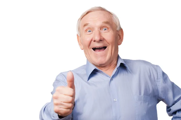 Senior man stretching out his hand with thumb up — Stock Photo, Image
