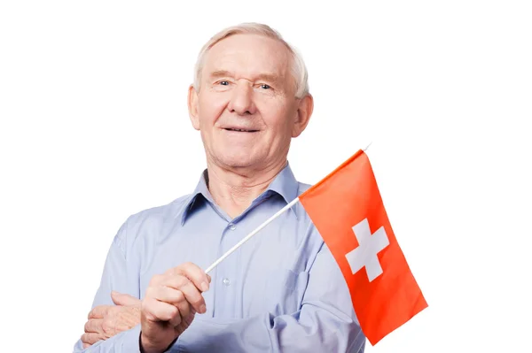 Hombre mayor con bandera de Suiza —  Fotos de Stock