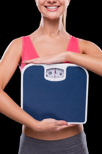 Woman holding weight scale — Stock Photo, Image