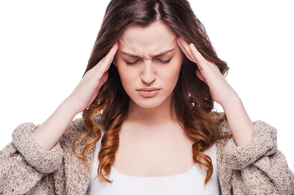 Frustrovaný mladá žena dotýkat hlavy — Stock fotografie